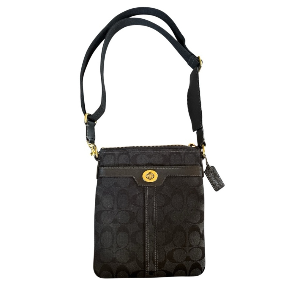 Coach Black Signature Crossbody Bag Gold Hardware Canvas & Leather Turn Lock Y2K